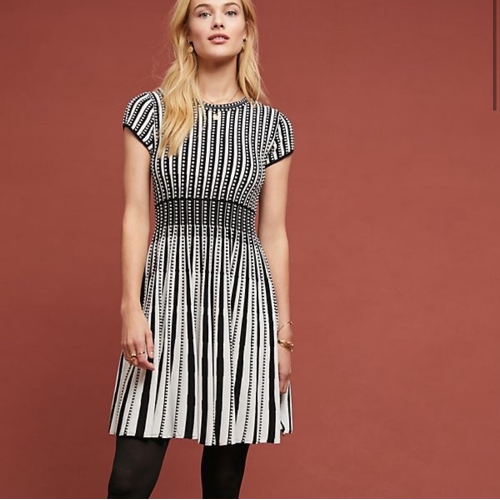 Maeve Baird Black White Knit Stripe Sweater Dress Size Medium